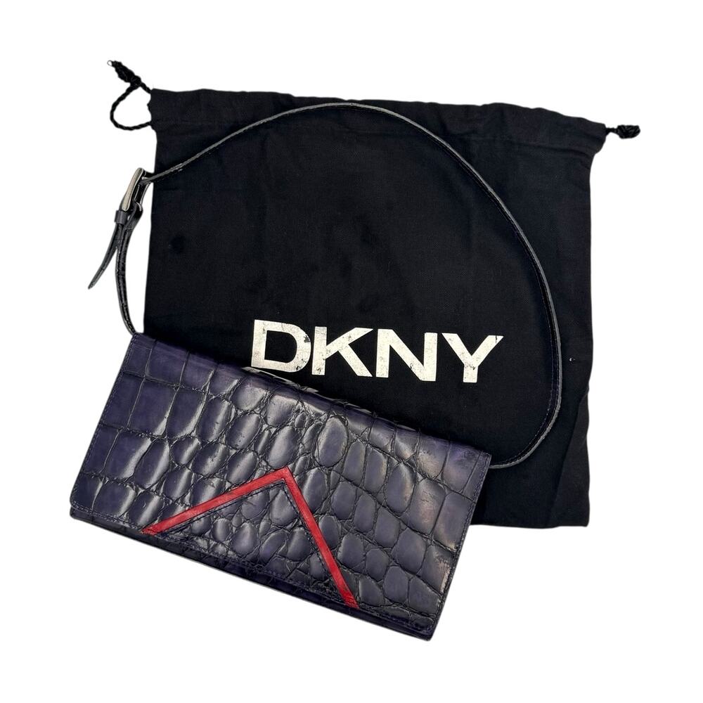 DKNY Deep Purple Patent Leather Croc Embossed Red Trim Small Y2K Shoulder Bag